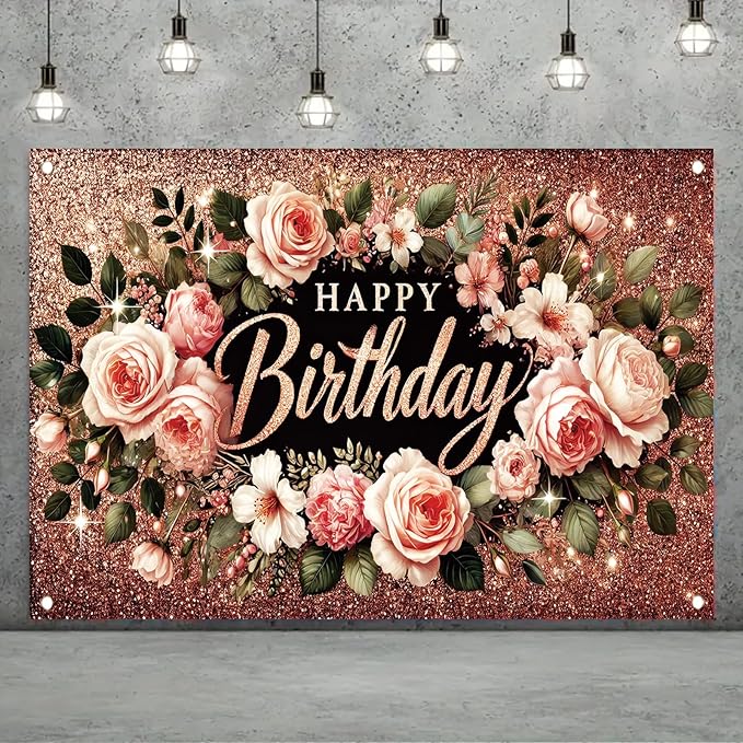 Happy Birthday Backdrop Banner Rose Gold Glitter Floral Photography Background for Women Girls Lady Wedding Baby Shower Birthday Supplies Photo Props Party Decorations Cake Table 6x4ft
