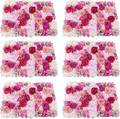 6 Pcs Flower Wall Panels, 23.6"x15.7" Artificial Flower Wall Backdrop Fuchsia Floral Panel with 3D Rose, Dahlia, Peony, Chrysanthemum for Wedding Party Nursery Home Decor