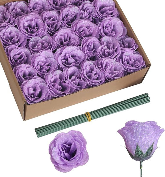 Artificial Roses with Stems,30PCS Glitter Roses Bouquet Lilac Flowers for Wedding Bouquet Party Christmas Home Decor(Lilac)