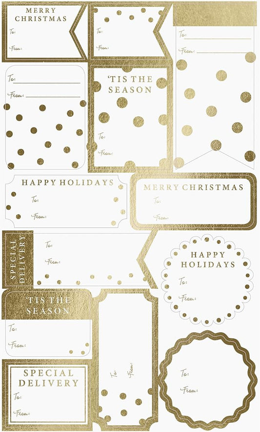 Graphique Shimmering White Gift Labels | 52 Self-Adhesive Christmas Stickers | 13 Designs with Gold Foil Accents | to and from Names | for Holiday Wrapping Paper & Gift Bags