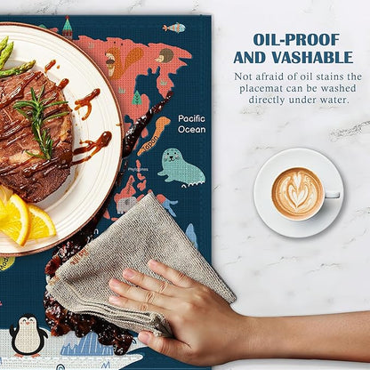 Map of The World Placemats Set of 4, Cute Animals Place Mats Non-Slip Heat Resistant Washable Placemat for Party Kitchen Dining Table Decoration Indoor Outdoor 12x18 Inch