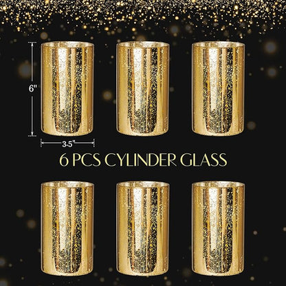 Gold Candle Holder Hurricane Candle Cylinder Vases for Centerpieces Set of 6 for Wedding Table Centerpiece