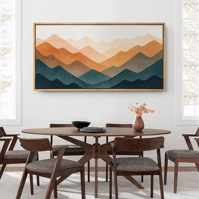 SIGNFORD Extra Large Framed Canvas Print Wall Art Colorful Geometric Overlapping Mountains Illustrations Modern Art Relax/Calm Warm for Living Room, Bedroom, Office - 60"x30"