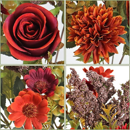 Dremisland Artificial Fall Flowers Like Real Artificial Bouquet 4 Packs Silk Artificial Roses Bouquet with Daisy Chrysanthemum Orange Red Fall Flowers for Centerpiece Table Autumn Halloween Decor