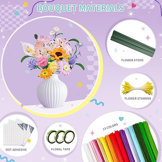 572 PCS Pipe Cleaners Flower Kit, 13 Colors Chenille Stems with Floral Wires, Stamen, Tapes, Dot Glue, Instruction & Gift Box – DIY Craft Set for Handmade Bouquets