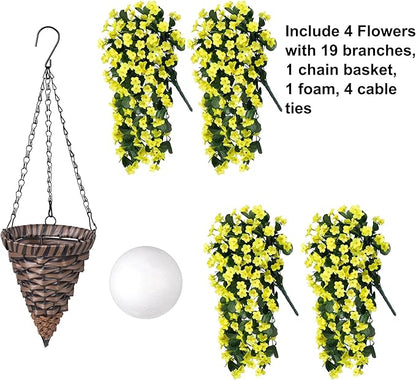 HyeFlora Artificial Fake Hanging Outdoor Flowers Plants Basket, Faux Silk Yellow Daisy Flowers UV Resistant Realistic Hanging Planter Orchid Vines for Outside Porch Patio Home Garden Yard Decoration