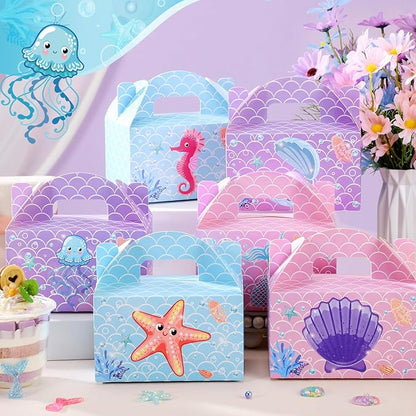 24 Pcs Mermaid Party Favors Treat Boxes Shell Pearl Mermaid Goodie Bags Candy Gift Bags Ocean Gable Box with Handles for Girls Under The Sea Birthday Party Supplies