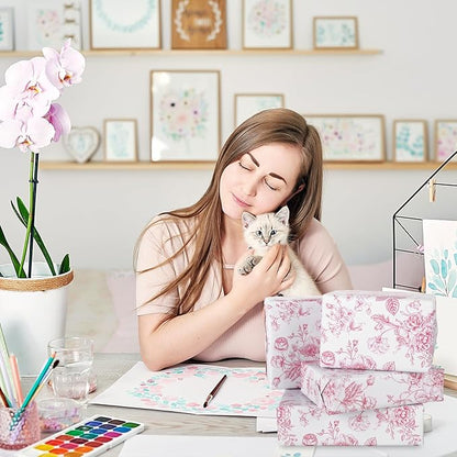 JarThenaAMCS Floral Wrapping Paper Mini Roll 17in x 32.8Ft Pink White Flowers Gift Wrap Paper for Birthday Wedding Baby Shower Party Wrapping Supplies