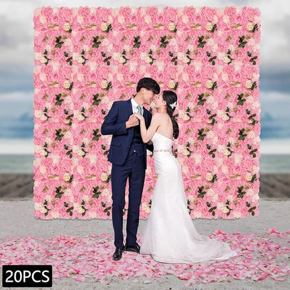 20 PCS Artificial Flower Wall Panel,Each Panel 24" x 16"3D Silk Rose Hydrangea Floral Backdrop,Handmade Eco-Friendly Flower Wall Photo Backdrop Decor (type2)