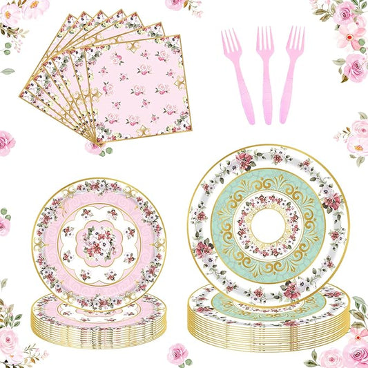 96pcs Floral Party Supplies Flower Paper Plates and Napkins Tableware Set for 24 Guest Floral Party Disposable Paper Dinner Plates Napkins Forks for Birthday Bridal Shower Tea Party Supplies