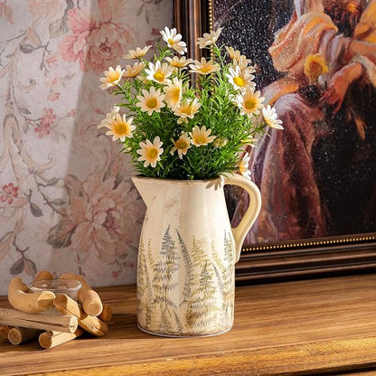 Vintage Ceramic Pitcher Vase with Handle, Farmhouse Green and Purple Large Floral Vases, French Country Decorative Vase, Rustic Table Centerpiece for Home Decor, Bookshelf, Office 7.3 Inch