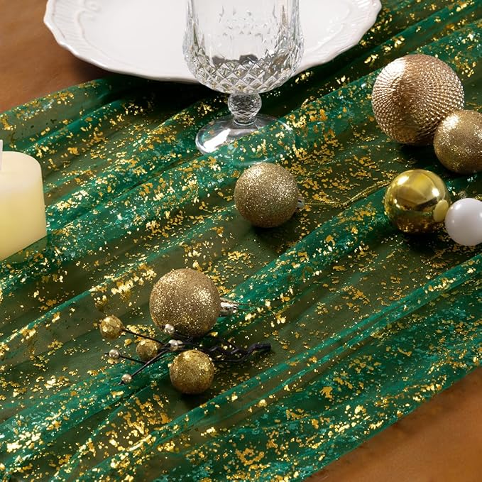 Gold Table Runner Christmas Snow Gauze Sheer Chiffon Cheesecloth Sequin 10FT Glitter Metallic Foil Dining Wedding Birthday Party Fall Winter Anniversary Holiday Centerpiece Table Decor Emerald Green