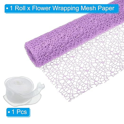 PATIKIL Flower Wrapping Mesh Paper, 15ft Floral Bouquet Craft Packaging Hollow Net Yarn with Ribbon for Flowers Gift Packaging, Purple