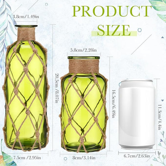Chuangdi Set of 2 Coastal Glass Vases for Flower Small Flower Vase with Boho Rope Wrapping Beach Decorative Bottle for Coastal Nautical Table Centerpiece Wedding Floral Arrangement Decor(Olive Green)