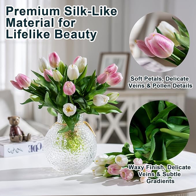 20PCS Fake Tulips Artificial Tulip Silk Flowers Fake PU Bouquet Artificial Flowers Faux Flowers with Gift Box Soft Faux Tulips Bouquets Arrangements for Party Wedding Home