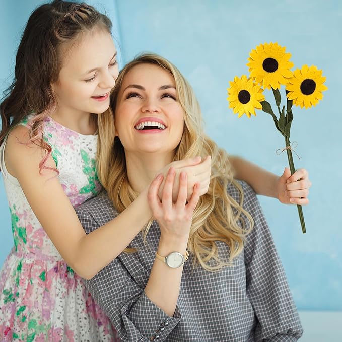 Glaciart One Felt Sunflowers Artificial Bouquet - 3 pcs | Reusable, Washable and Essential Oil Ready Yellow Artificial Flowers w/Bendable Long Wire Stems |Great Gift or Home/Event Decorations