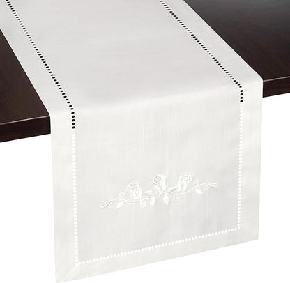 White Rose Embroidered Table Runner - Perfect for Home Decor, Elegant Dresser Scarf for Bedrooms and Dining Tables, or Rustic Farmhouse Kitchens (13 x 108 Inches Long)
