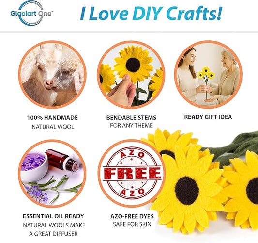 Glaciart One Felt Sunflowers Artificial Bouquet - 3 pcs | Reusable, Washable and Essential Oil Ready Yellow Artificial Flowers w/Bendable Long Wire Stems |Great Gift or Home/Event Decorations