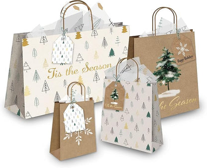 Pro Supply Global 24 Count of 2.5 Inch x 3 Inch Pre Strung Christmas Fir Trees Gift Tag Assorted Printed Designs on Large Cardstock Gift Hang Tags - Ideal to Use on Bags