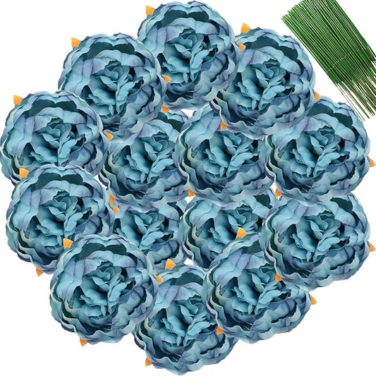 FagusHome 25 Pcs Silk Peony Artificial Flower Heads 4 inch Fake Peony Flowers Heads with Stems Artificial Peony Flower Heads in Bulk Wholesale for Wedding Home Decor (Dark Blue)