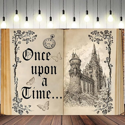 12x6ft Once Upon a Time Backdrop Fairy Tale Books Castle Princess Photography Background Once Upon a Time Birthday Baby Shower Decoration Storybook Wedding Party Banner