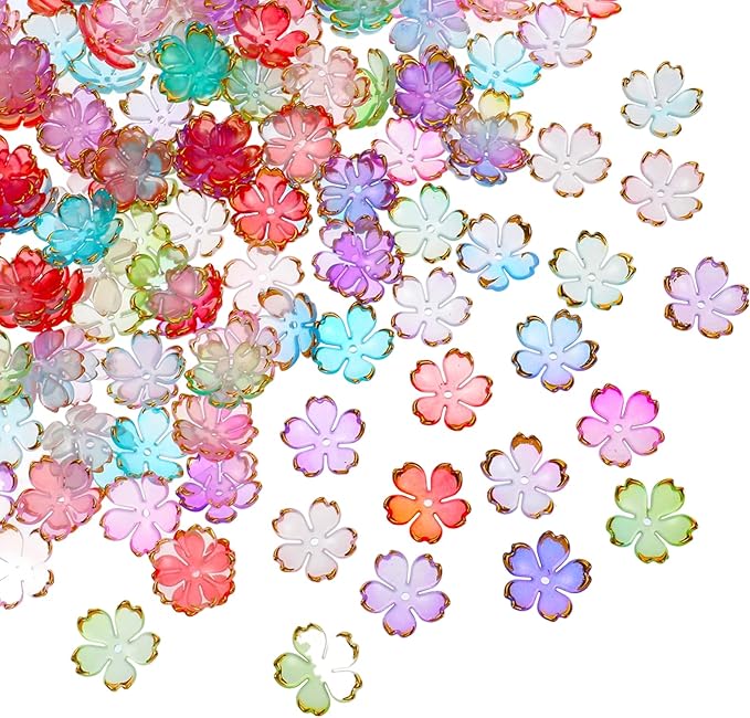 100 Pcs Flower Beads, 5-Petal Acrylic Spacer Beads Mini Golden Edge Floral Shaped Bead for Making DIY Craft, Jewelry Charms, Bracelets, Necklaces, Earrings (Colorful Gradient)