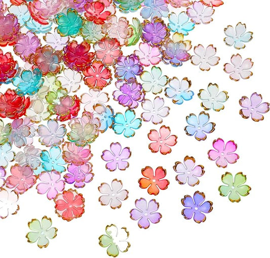 100 Pcs Flower Beads, 5-Petal Acrylic Spacer Beads Mini Golden Edge Floral Shaped Bead for Making DIY Craft, Jewelry Charms, Bracelets, Necklaces, Earrings (Colorful Gradient)