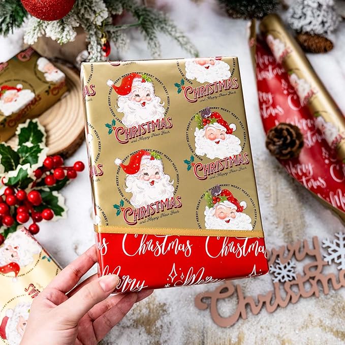 MAYPLUSS Christmas Wrapping Paper - 17 Inch X 33 Feet - Santa Claus Reversible Merry Christmas Gift Wrapping Paper, Metallic Foil Thick Gift Wrap Paper for Holiday Party New Year Kids