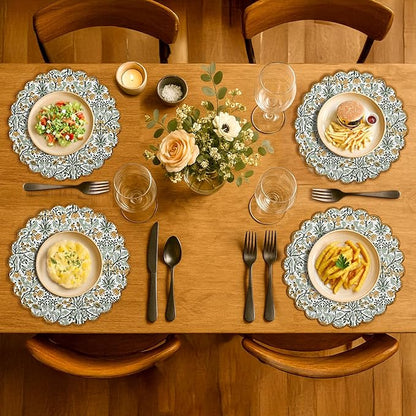 Ridhi Goldenrod Yellow Spring Place Mat Double Layer Floral Cotton Washable Placemats 15" Round Embroidery Block Print Table Mat (Pack of 4-15 Inch Round)