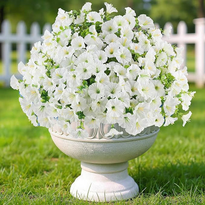 12PCS Artificial Flowers for Outdoor Decorations, Realistic Faux White Silk Petunia Flowers for Outside, Fake Plants Morning Glory with Eucalyptus Porch Patio Planters Window Boxes Decor