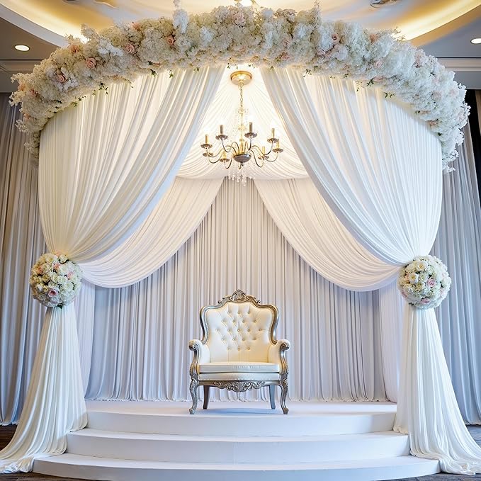 PartyVillage 20ft×15ft White Backdrop Curtain for Wedding Parties, 4 Panels Wrinkle Free 15 FT Long Polyester Photo Backdrop Drapes Back Drop Cloth for Birthday Photography Background
