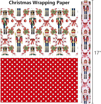 MAYPLUSS Christmas Nutcracker Wrapping Paper - 17 Inch X 33 Feet - Metallic Gift Wrapping Paper featuring Christmas Tree Holly Cute Bow Candy Cane Reversible Polka Dot for Holiday Party New Year Kids