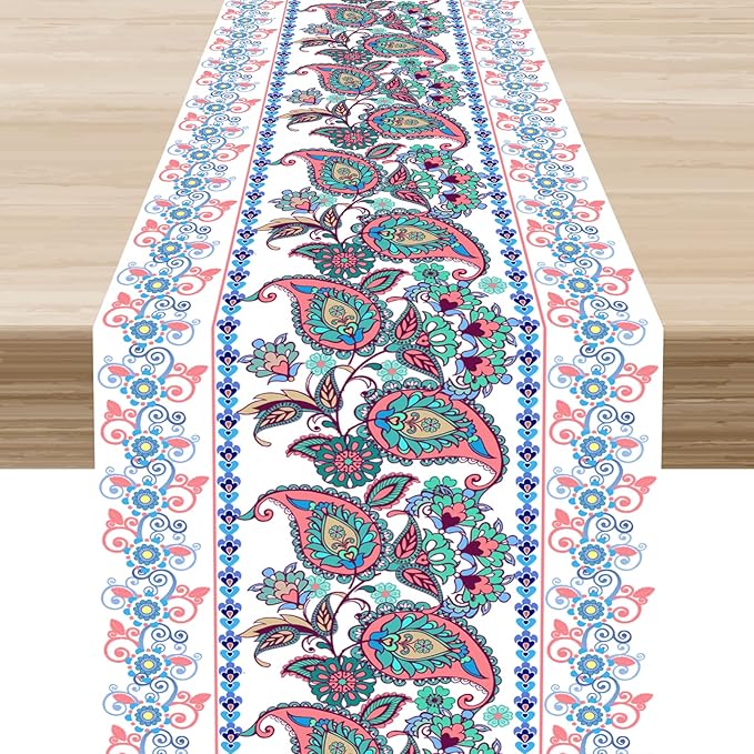 Vintage Paisley Table Runner, Rustic Pink White Paisley Floral Retro Boho Art Table Center Decor for Family Kitchen Farmhouse Holiday Party Table Decorations Indoor Outdoor 13x72 inch