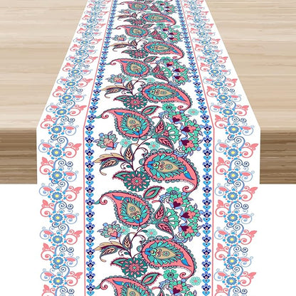 Vintage Paisley Table Runner, Rustic Pink White Paisley Floral Retro Boho Art Table Center Decor for Family Kitchen Farmhouse Holiday Party Table Decorations Indoor Outdoor 13x72 inch
