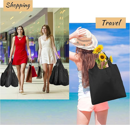 BeeGreen Black Tote Bag Shopping Bags for Groceries & Reusable Grocery Bag Heavy Duty, Large Tote Bag for Women, Foldable 6 Pack Gift Bags With Handles, Cute Cloth Washable for Holiday Travel & Bulk