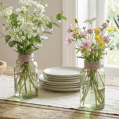 Vintage Glass Flower Vase，6 Pack Green Farmhouse Glass Centerpiece Vases Mason Jars for Weddings, Parties & Home Decor Bulk (6,Green)