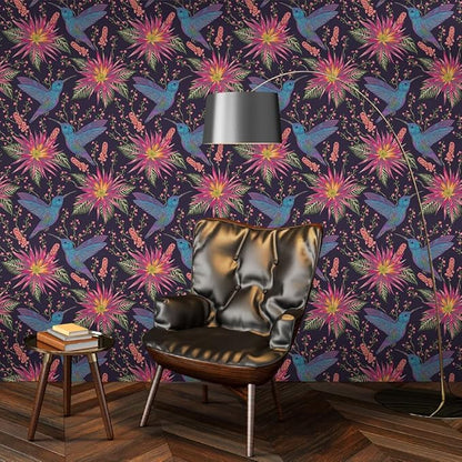 Abstract Black Pink Hummingbird Floral Peel and Stick Wallpaper Easy Peel Off Contact Paper Stick on Adhesive Wall Paper for Bathroom Waterproof Renter Friendly