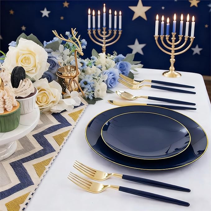 Liacere 150PCS Blue Plastic Plates - Gold Plastic Silverware with Blue Handle - Navy Disposable Plates Include 30 Guests Plates,Forks,Spoons,Knives for Hanukkah & New Year & Hanukkah