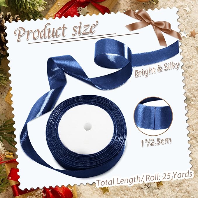 Luomorgo 1 Inch Navy Blue Satin Ribbon, 25 Yards Solid Color Ribbon, Fabric Ribbon for Gift Wrapping, Flower Bouquet, DIY Craft, Sewing, Wedding, Birthday Party Decorations