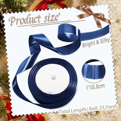 Luomorgo 1 Inch Navy Blue Satin Ribbon, 25 Yards Solid Color Ribbon, Fabric Ribbon for Gift Wrapping, Flower Bouquet, DIY Craft, Sewing, Wedding, Birthday Party Decorations