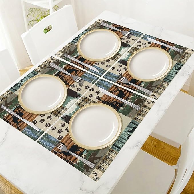 Cabin Bear Deer Moose Placemats Vintage Animal Rustic Lodge Country Art Printed Dining Table Mats Set of 4 for Home Kitchen Holiday Picnic Party Decor 12x18in