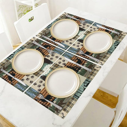 Cabin Bear Deer Moose Placemats Vintage Animal Rustic Lodge Country Art Printed Dining Table Mats Set of 4 for Home Kitchen Holiday Picnic Party Decor 12x18in