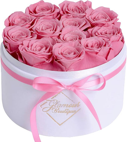 GLAMOUR BOUTIQUE Flower Forever Gift Box 12 Real Preserved Roses in Round Velvet White Box, Handmade, Rose Petals, Birthday, Marriage, Anniversary, Graduation - Pink