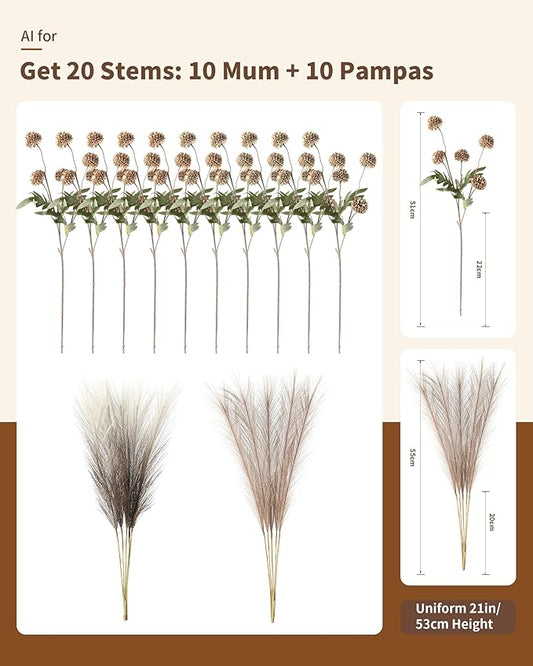 Faux Fall Flowers for Vase Fake Mums Artificial 10 Stems +10 Branches Pampas Grass,Long Stems Silk Flowers Home Decor,Faux Floral Pompon Balls For Table,Halloween Centerpieces,Wedding Arrangements