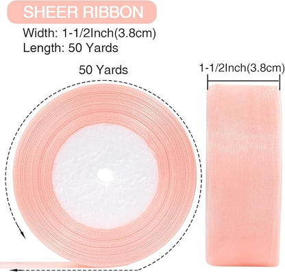 1-1/2 Inch x 50 Yards Sheer Organza Ribbon Chiffon Ribbon for Gift Wedding Flower Bouquet Wrapping Decorations Crafts (Pink)