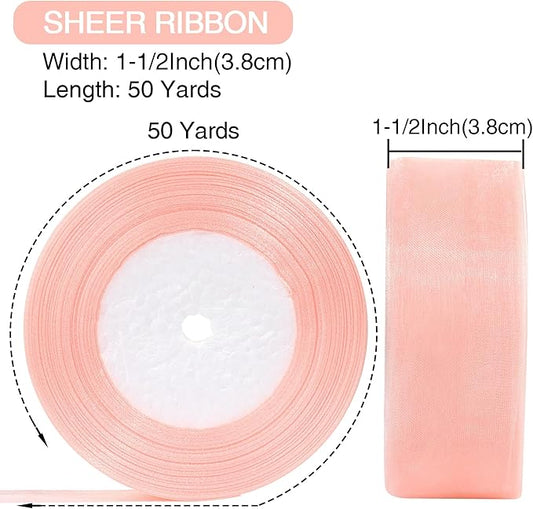 1-1/2 Inch x 50 Yards Sheer Organza Ribbon Chiffon Ribbon for Gift Wedding Flower Bouquet Wrapping Decorations Crafts (Pink)