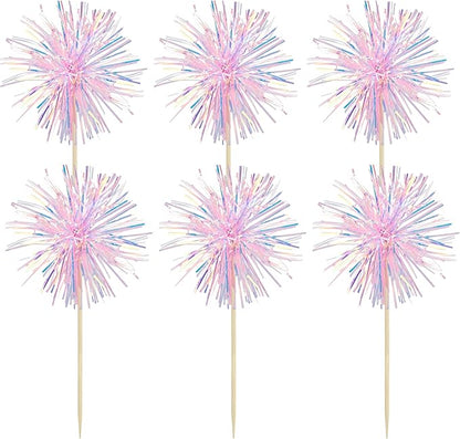 Gyufise 30Pcs Foil Firework Cupcake Toppers Sparkle Tinsel Cake Toppers Tinsel Drink Cake Decoration Cocktail Picks for Birthday Wedding Graduation Party Supplies Laser Pink