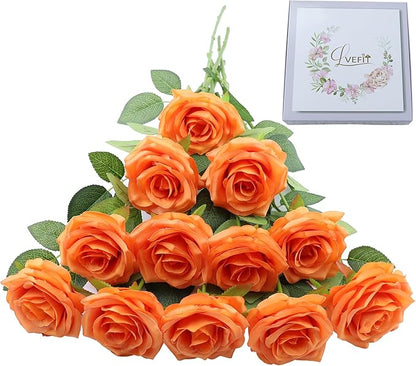 12pcs Artificial Rose Flower Orange Rose Orange Flower with Long Stem Silk Roses Bouquet for Wedding Bridal Shower Party Home Decoration