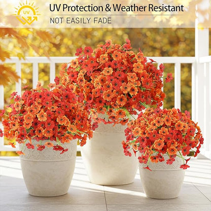 MACTING Artificial Fall Flowers for Outdoors 6 Bundles Faux Mums Outdoor Plants UV Resistant Fake Silk Flowers for Planters Front Door Porch Patio Indoor Outside Autumn Thanksgiving Decor,Orange & Red