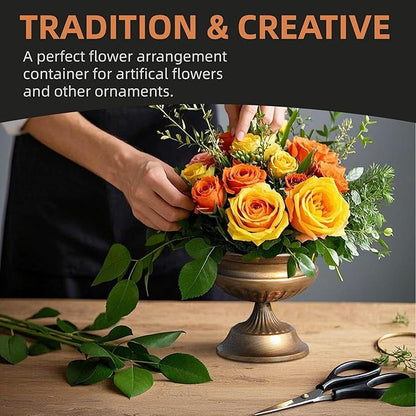WORTH Gold Color Urn Vases for Centerpieces Set of 2 (Large: 8.8" H x 7.8" Dia. & Small: 6.1" H x 7.8" Dia.) - Classic Metal Trumpet Flower Pots for Table, Bowl Vase for Wedding Party Event Home Decor